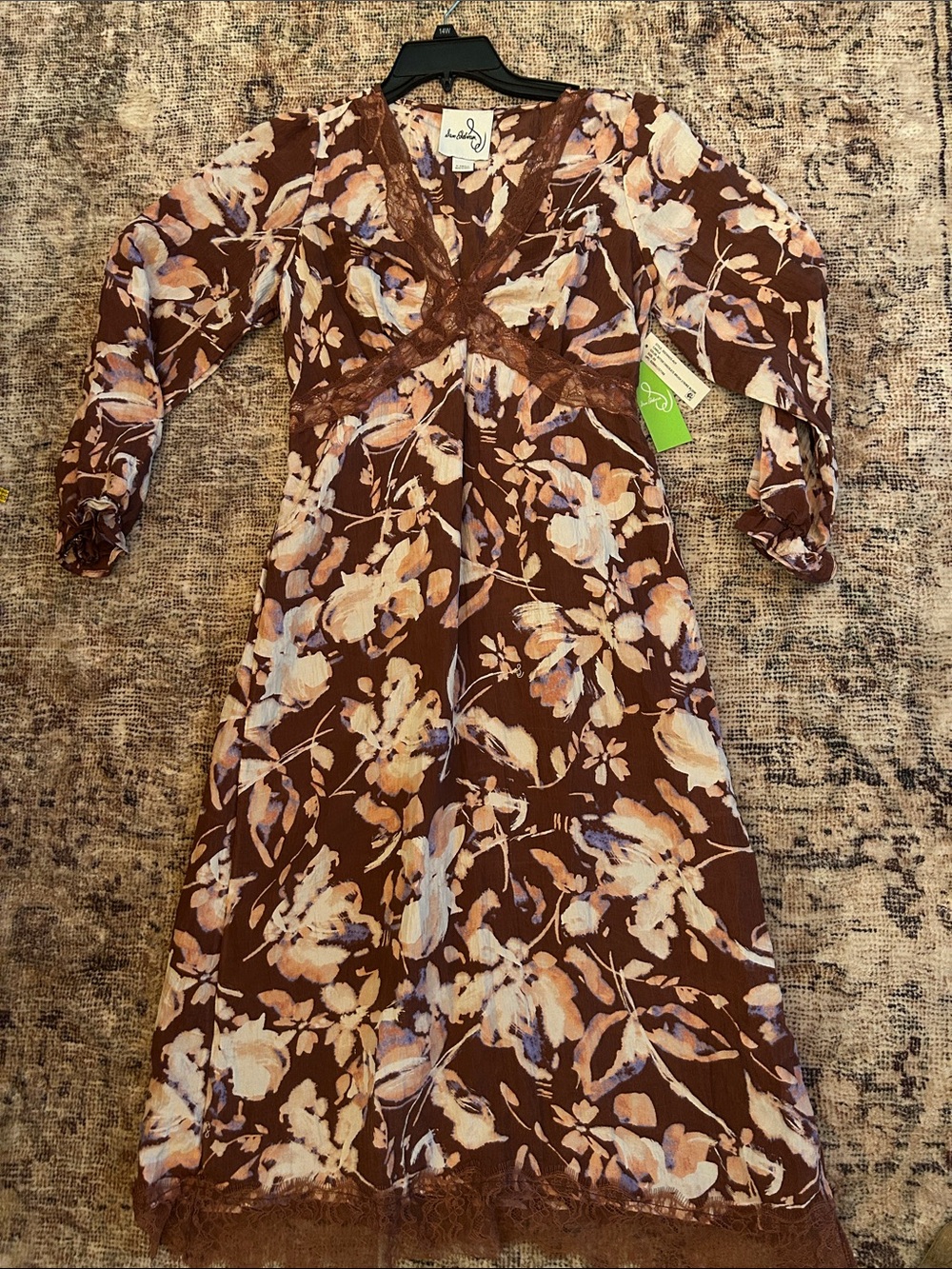 Sam Edelman Brown Floral Lace-Trim Midi Dress